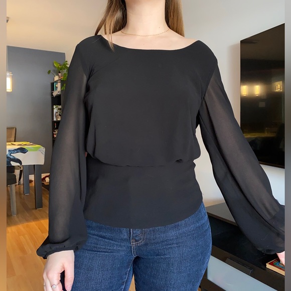 Blouse with mesh balloon sleeves open back in black - Picture 3 of 5